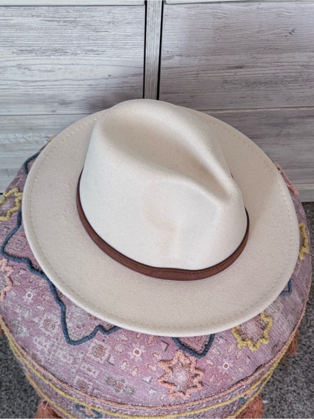 Cream Wide-Brim Fedora with Brown Band